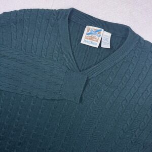 Vintage Travel Smith Cable Knit Sweater Lg Green 100% Pure Wool V-Neck Pullover